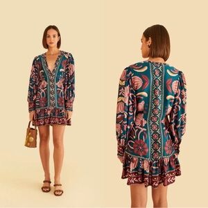 NWT FARM RIO Teal Seashell Tapestry Lenzing™ Ecovero™ Viscose Mini Dress Sz L